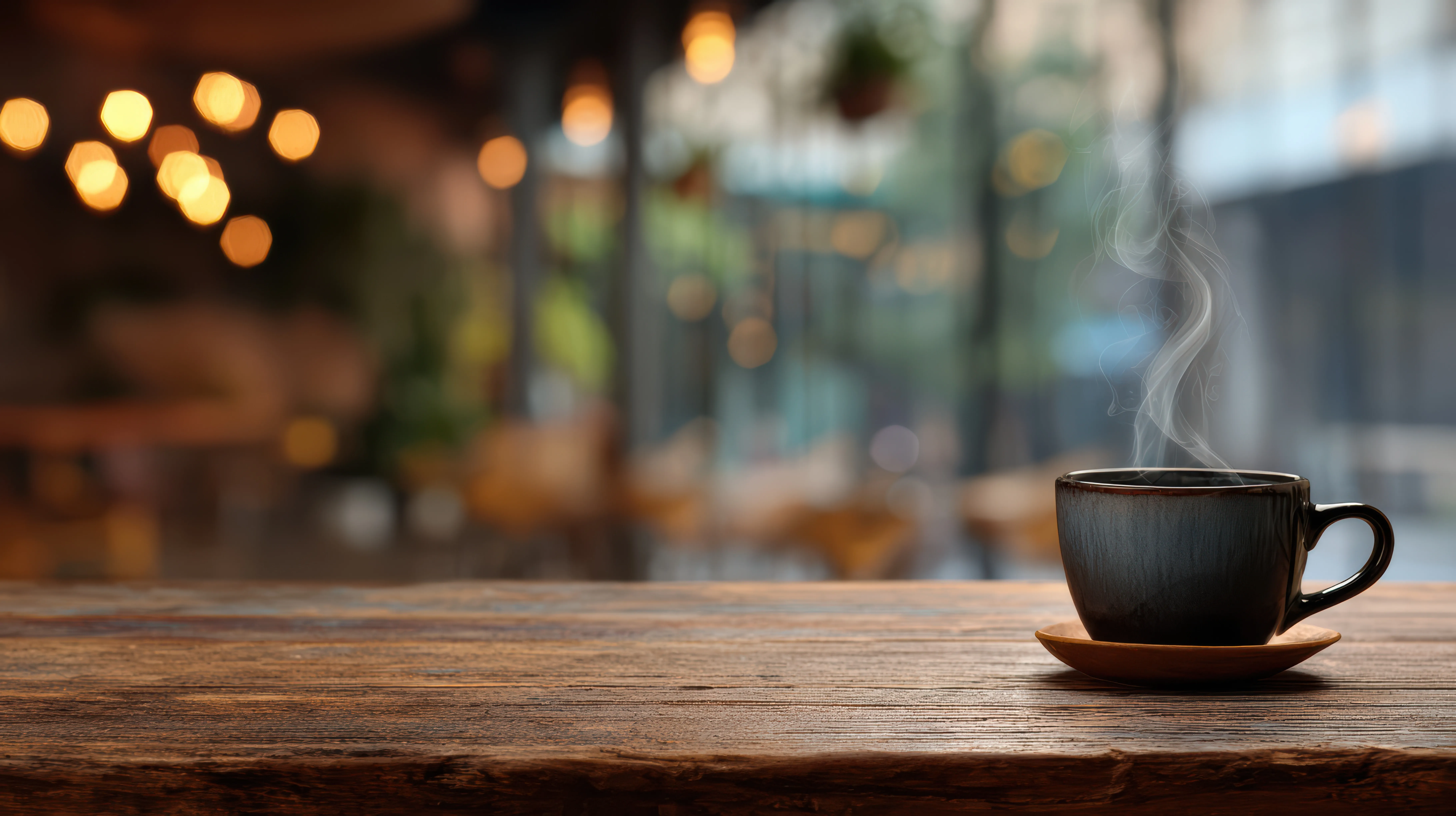 Una taza de café humeante sobre una mesa de madera en una cafetería cálida
